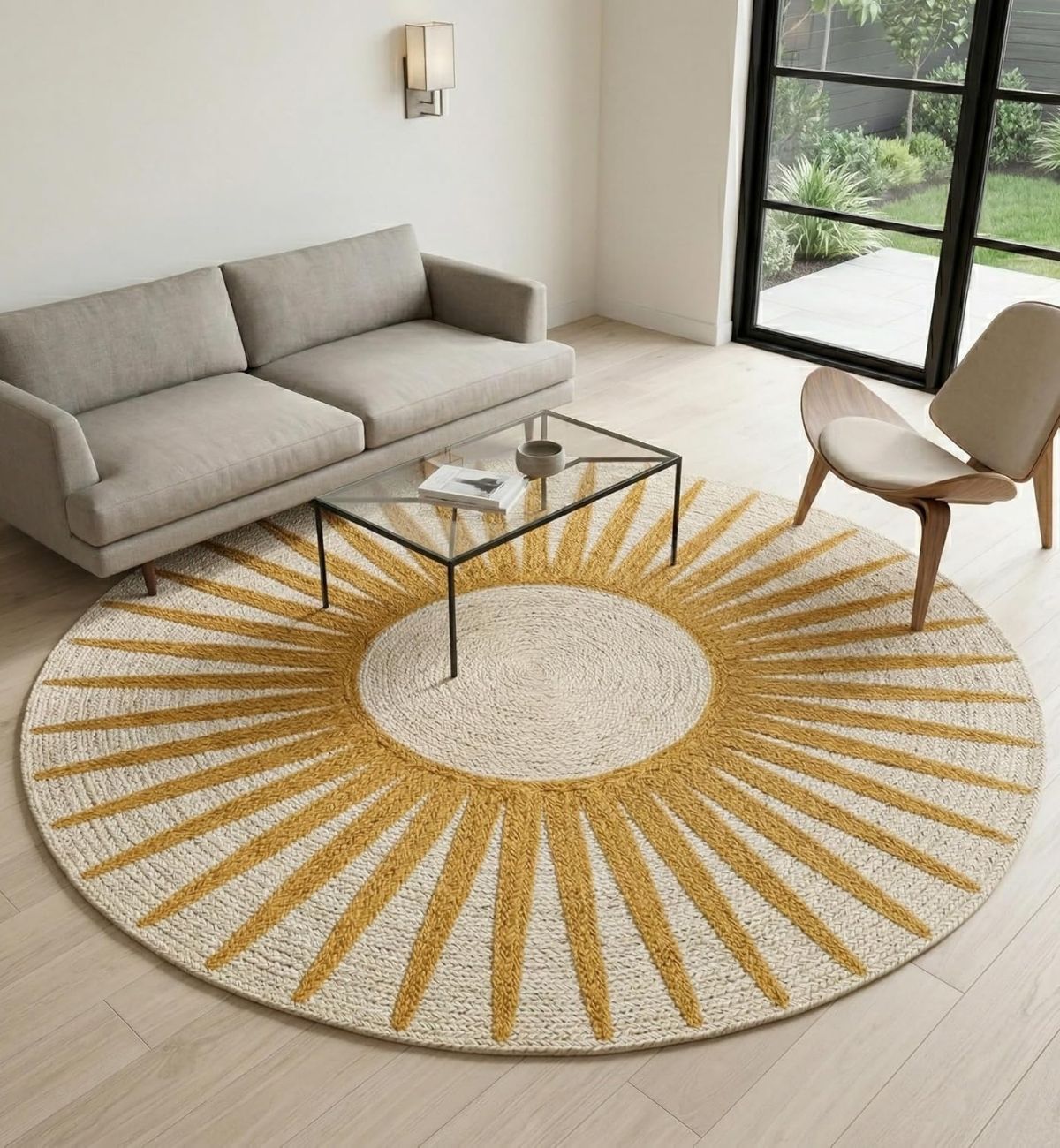 Premium Jute Sunburst Round Rug Mustard & Ivory 10