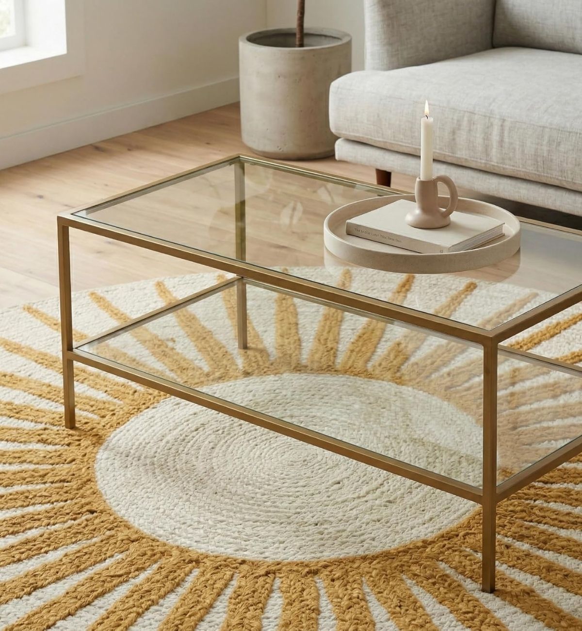 Premium Jute Sunburst Round Rug Mustard & Ivory 10
