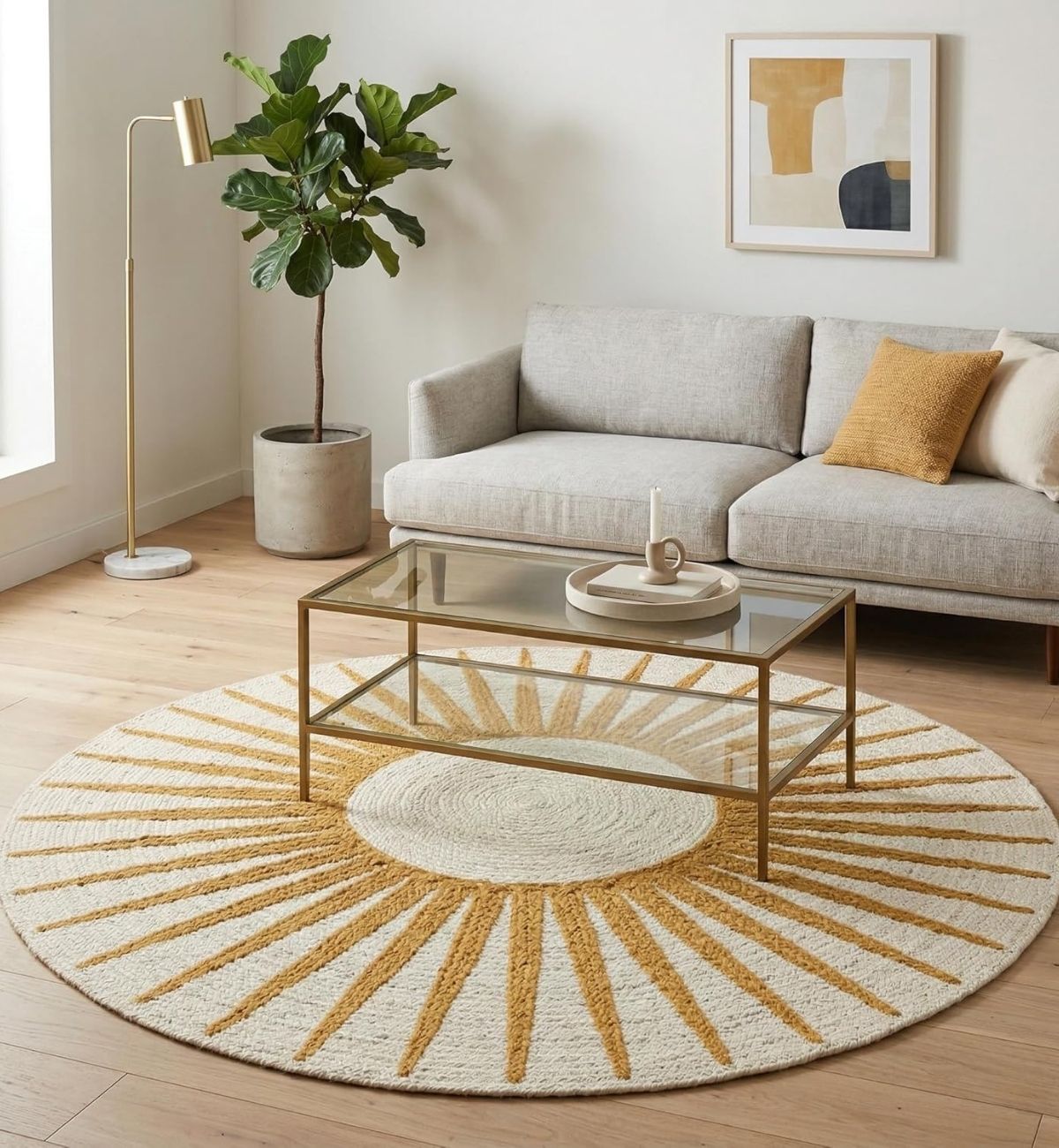 Premium Jute Sunburst Round Rug Mustard & Ivory 10