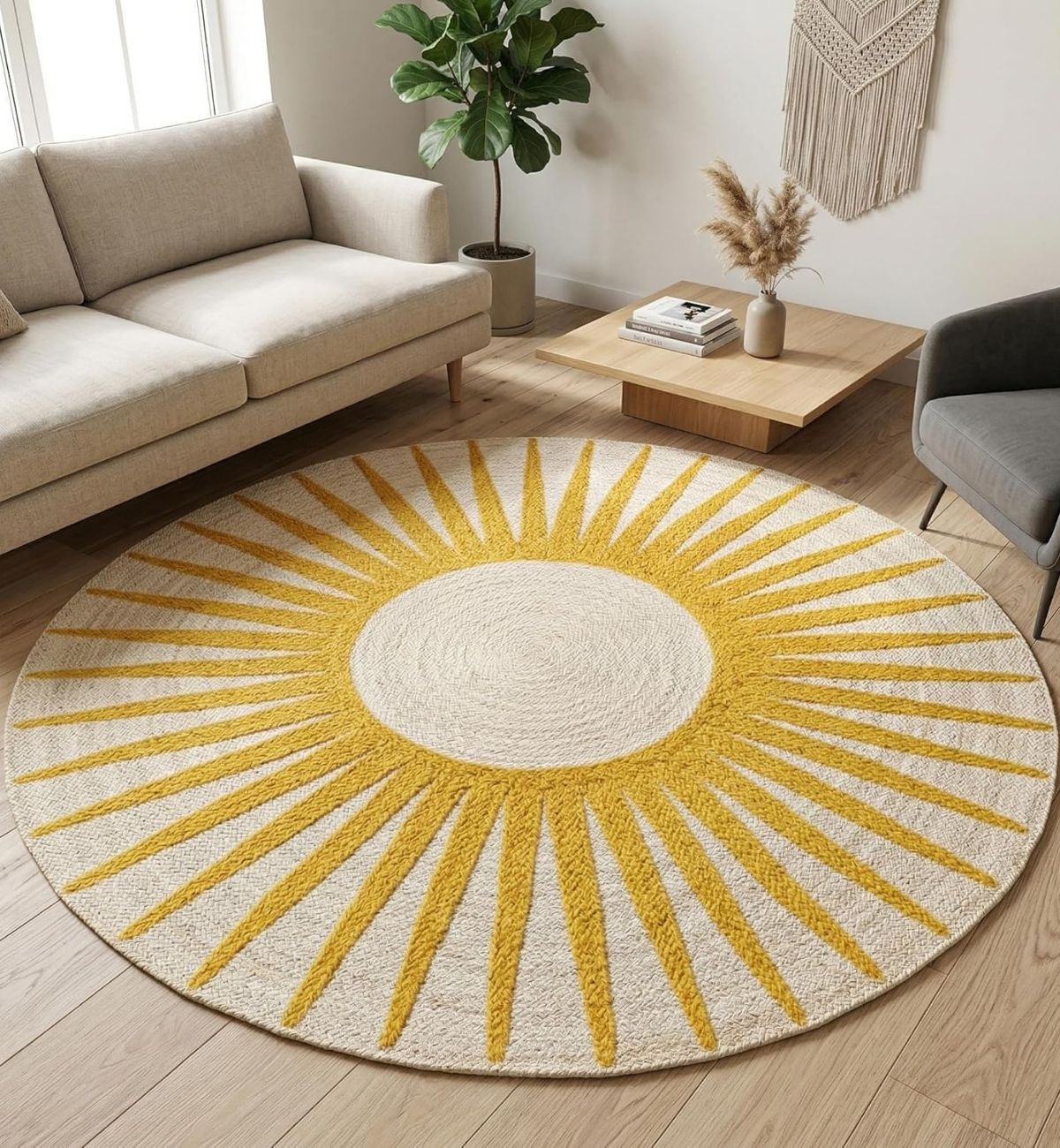 Premium Jute Sunburst Round Rug Sunshine Yellow & Ivory 11