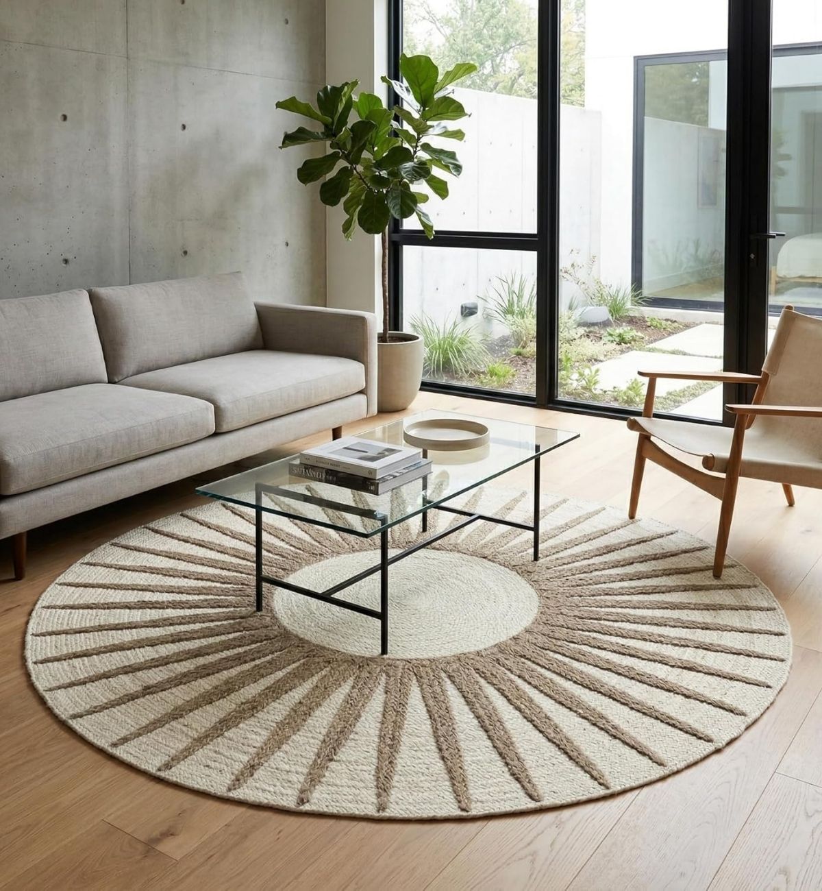 Premium Jute Sunburst Round Rug Taupe & Ivory 12