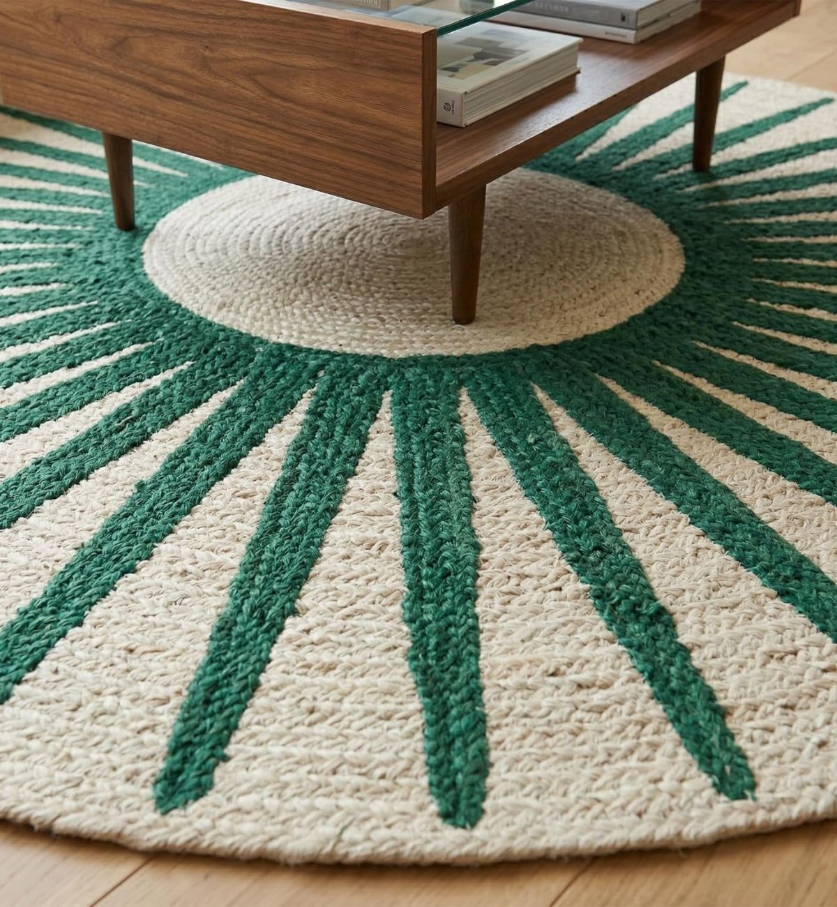 Premium Jute Sunburst Round Rug Emerald Green & Ivory 13