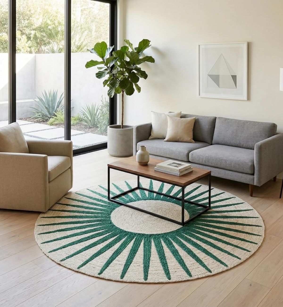 Premium Jute Sunburst Round Rug Emerald Green & Ivory 13