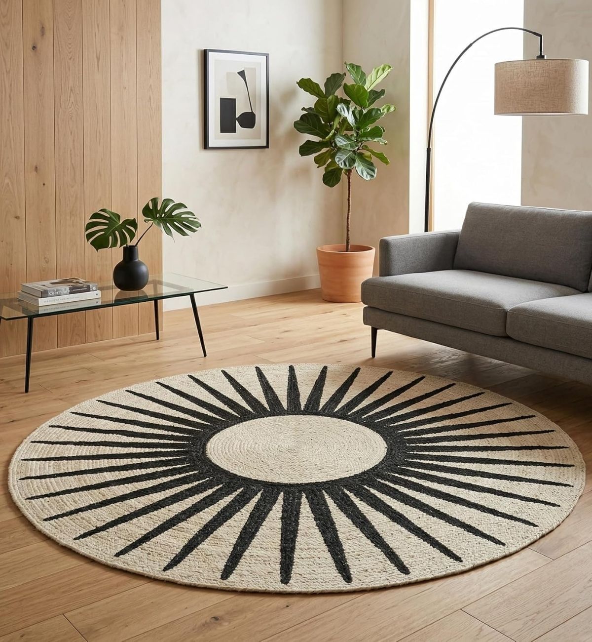 Premium Jute Sunburst Round Rug Black & Ivory 14