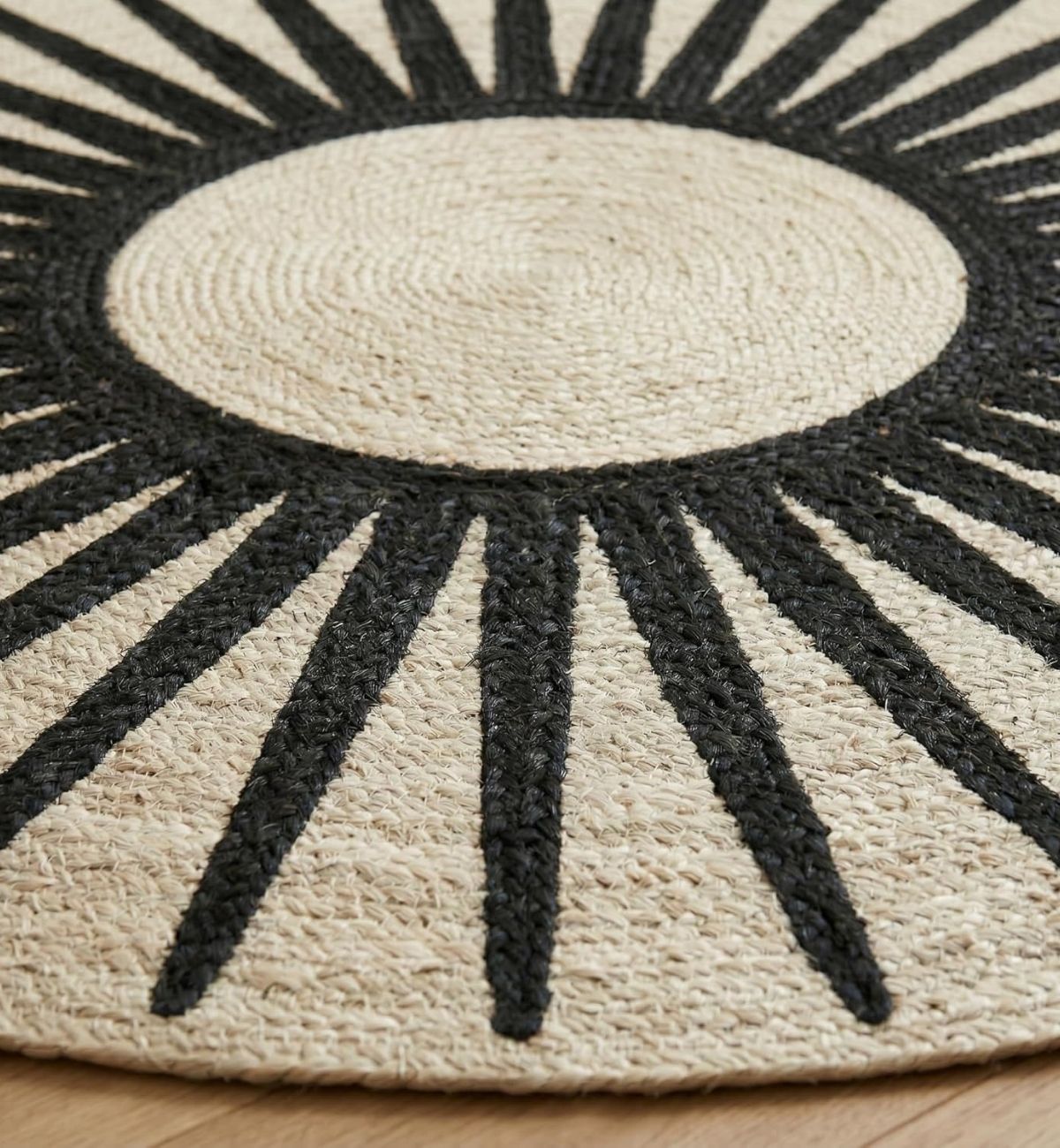 Premium Jute Sunburst Round Rug Black & Ivory 14