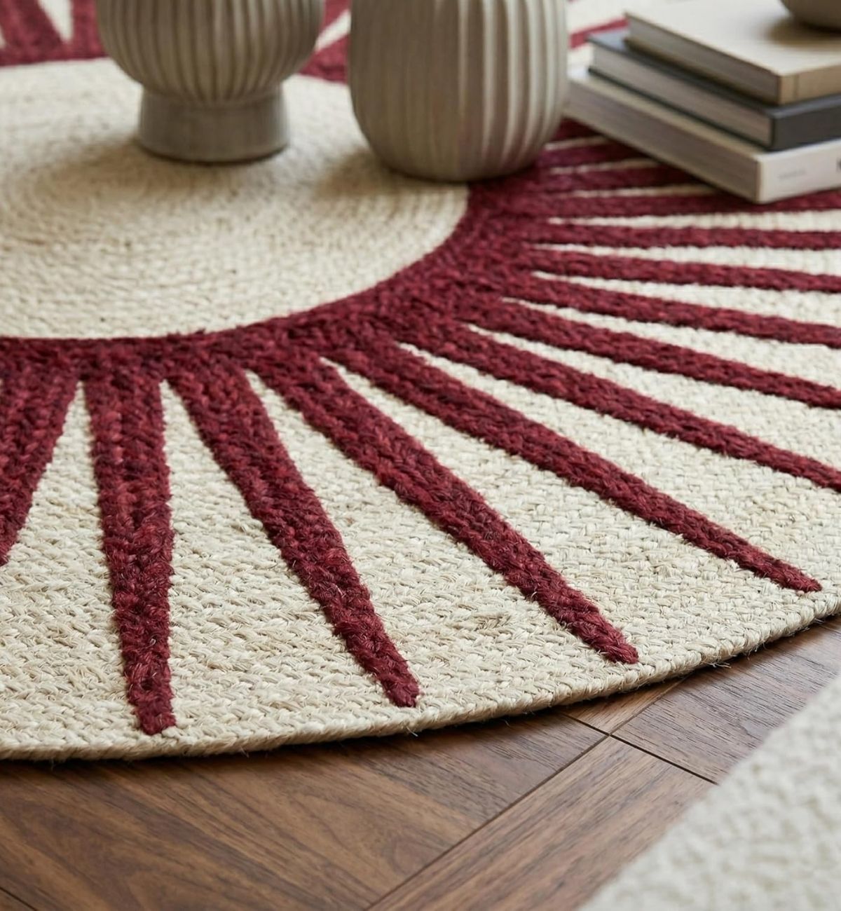 Premium Jute Sunburst Round Rug Burgundy & Ivory 15
