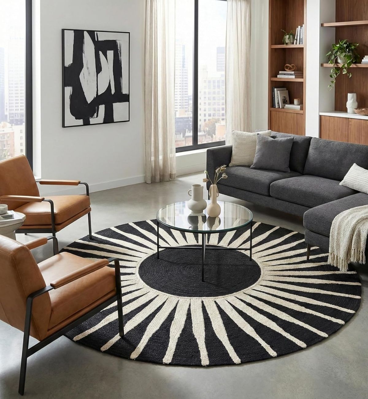 Premium Jute Sunburst Round Rug Black & Ivory 16