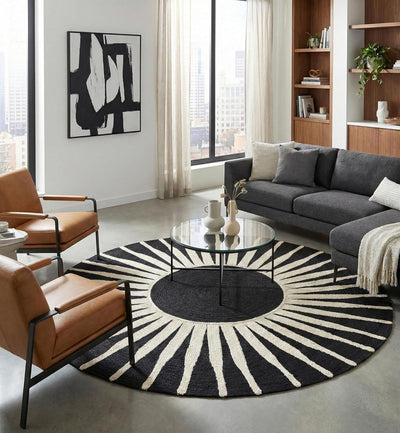 Premium Jute Sunburst Round Rug Black & Ivory 16