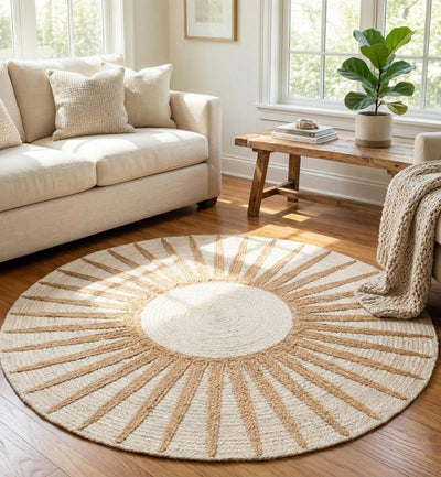 Premium Jute Sunburst Round Rug Natural & Ivory 17
