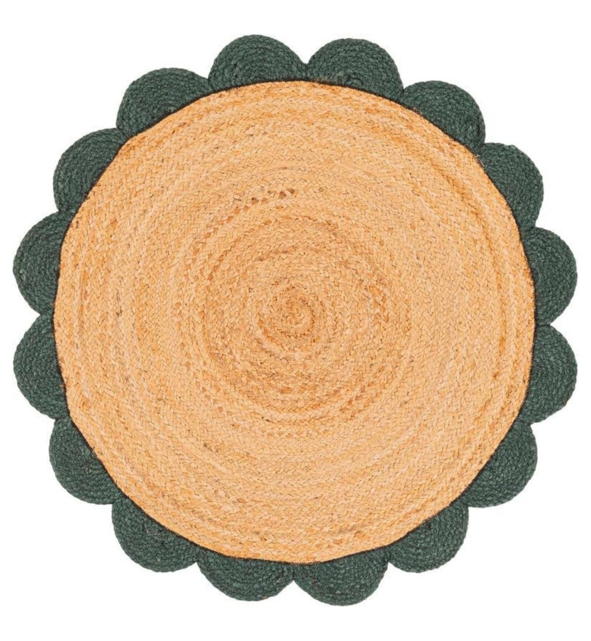 Premium Jute Scalloped Round Rug Natural Tan & Dark Green 18