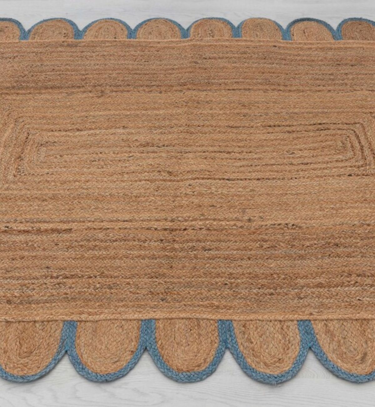 Premium Jute Scalloped Border Rug Natural Tan & Blue 19