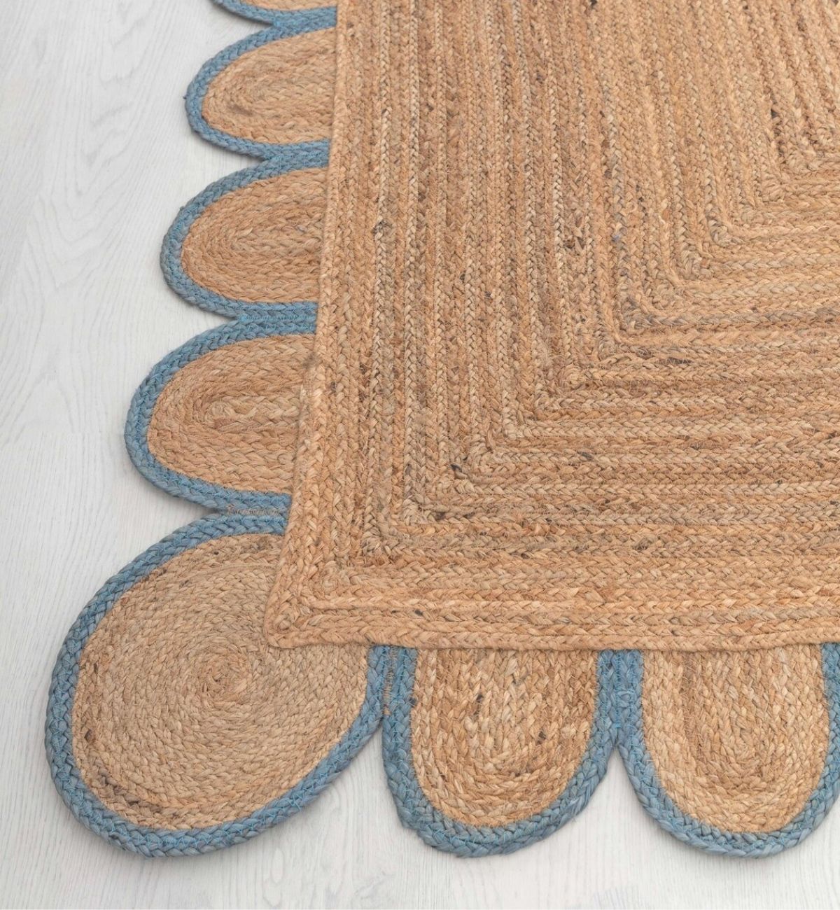 Premium Jute Scalloped Border Rug Natural Tan & Blue 19