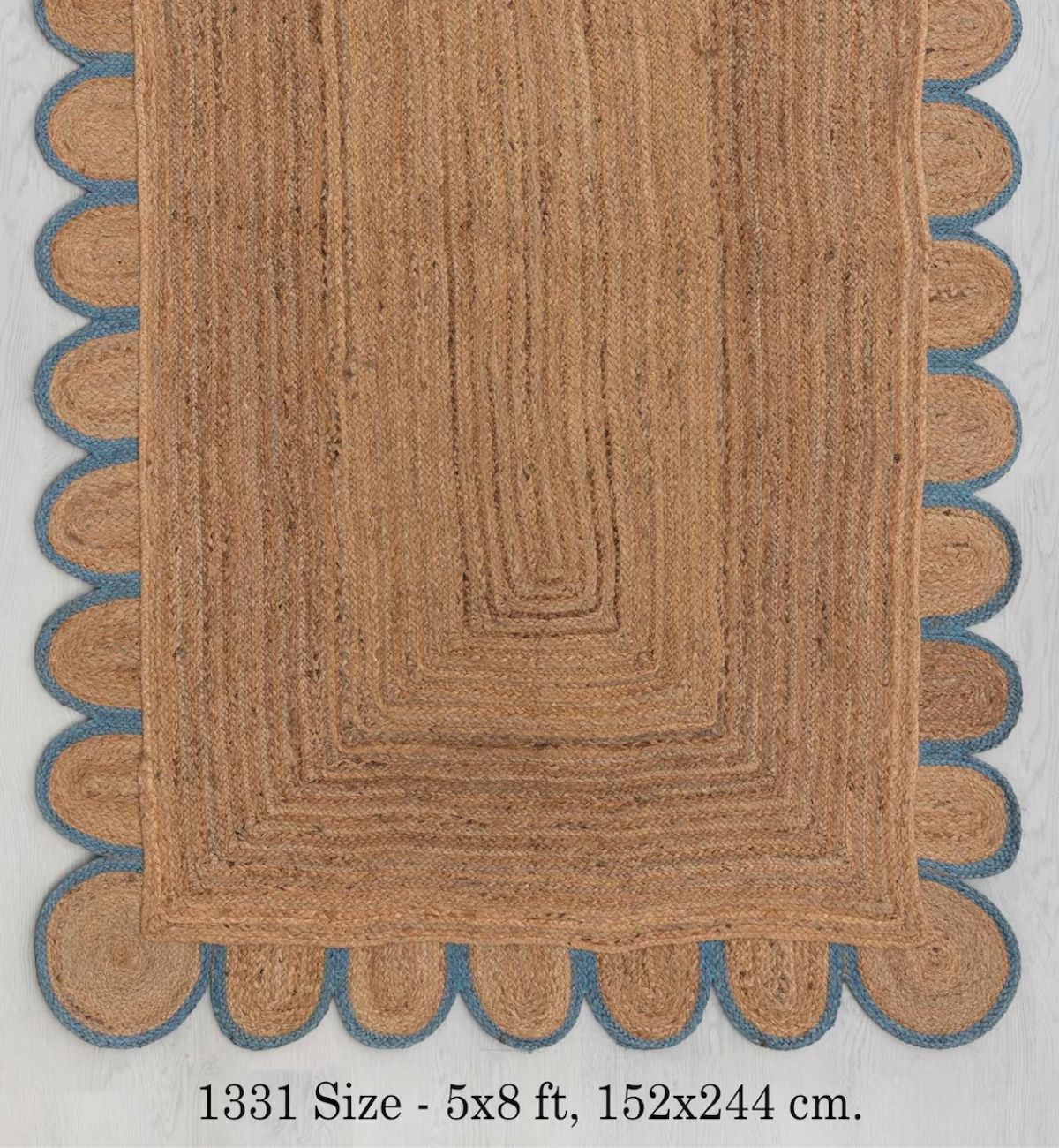 Premium Jute Scalloped Border Rug Natural Tan & Blue 19