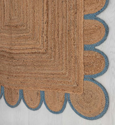Premium Jute Scalloped Border Rug Natural Tan & Blue 19