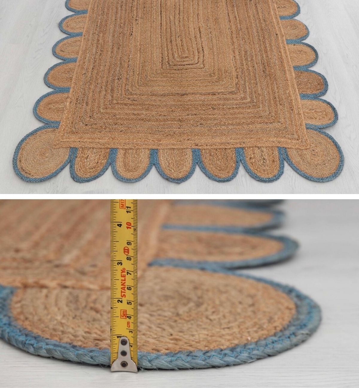 Premium Jute Scalloped Border Rug Natural Tan & Blue 19