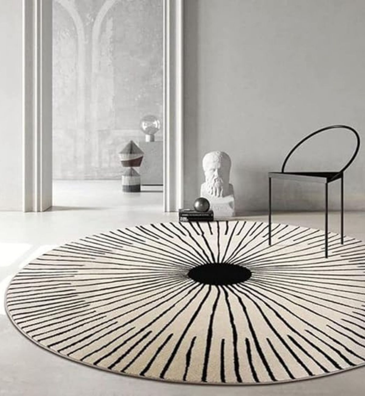 Handtufted Round Rugs Radiating Line Design Black & Cream Adi Round 1