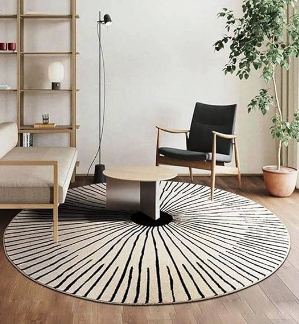 Handtufted Round Rugs Radiating Line Design Black & Cream Adi Round 1