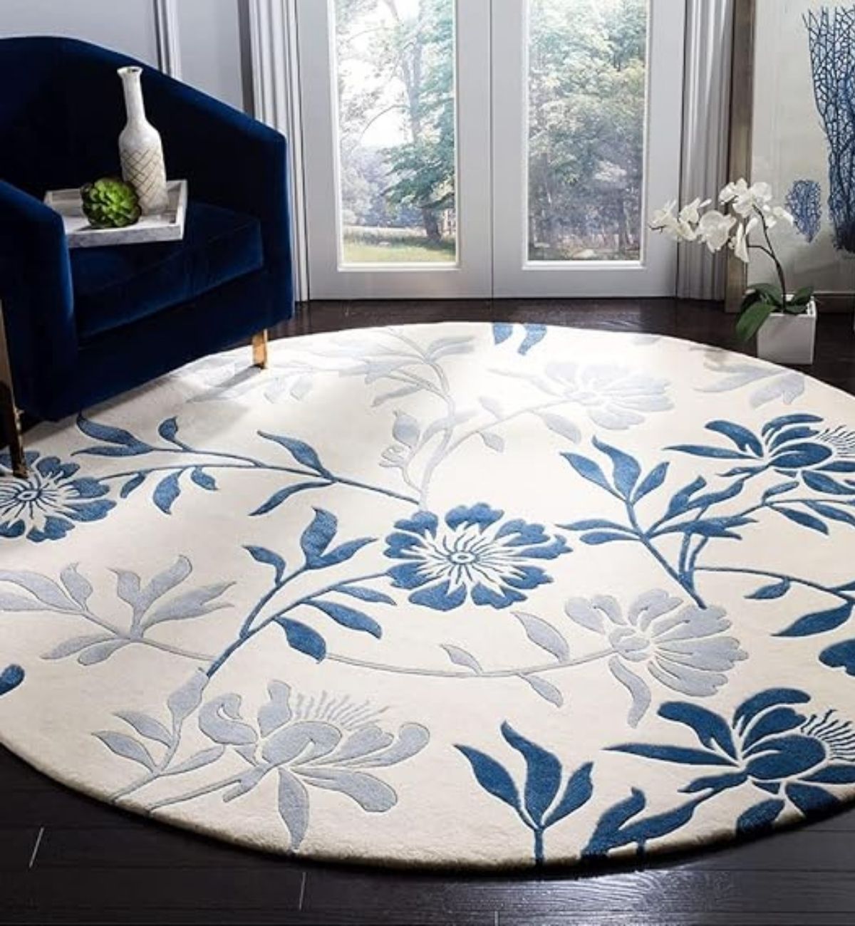 Handtufted Round Rugs Floral Botanical Design Blue & Cream Adi Round 2
