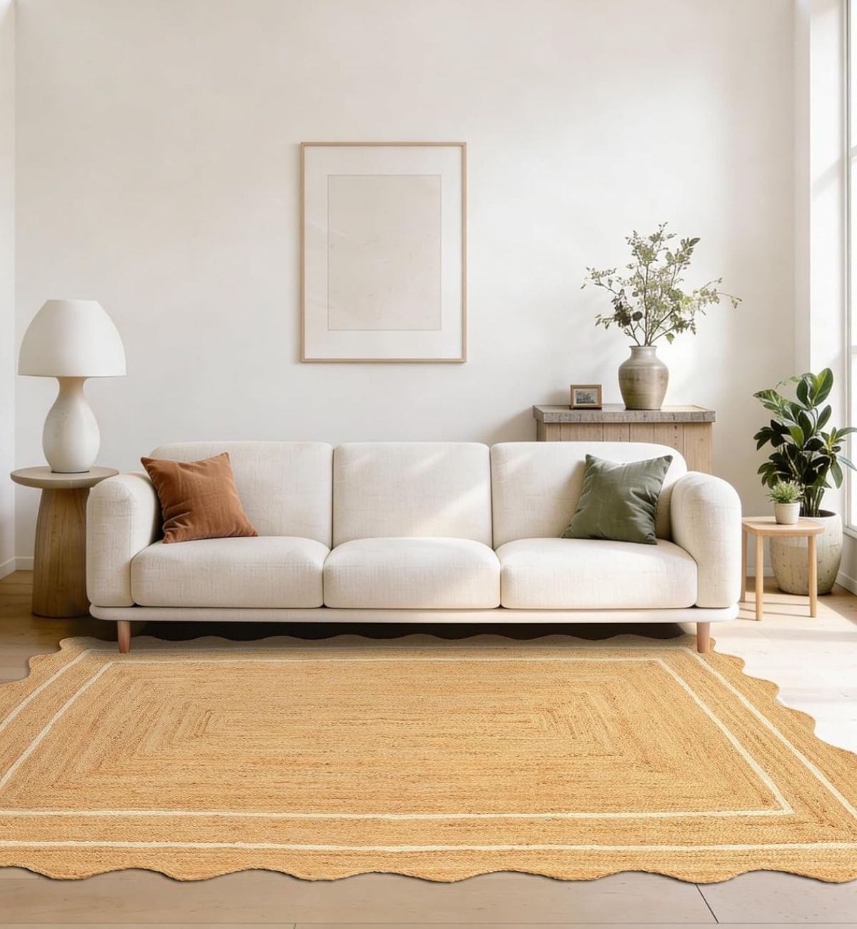 Premium Jute Scalloped Border Rug Natural Beige 1
