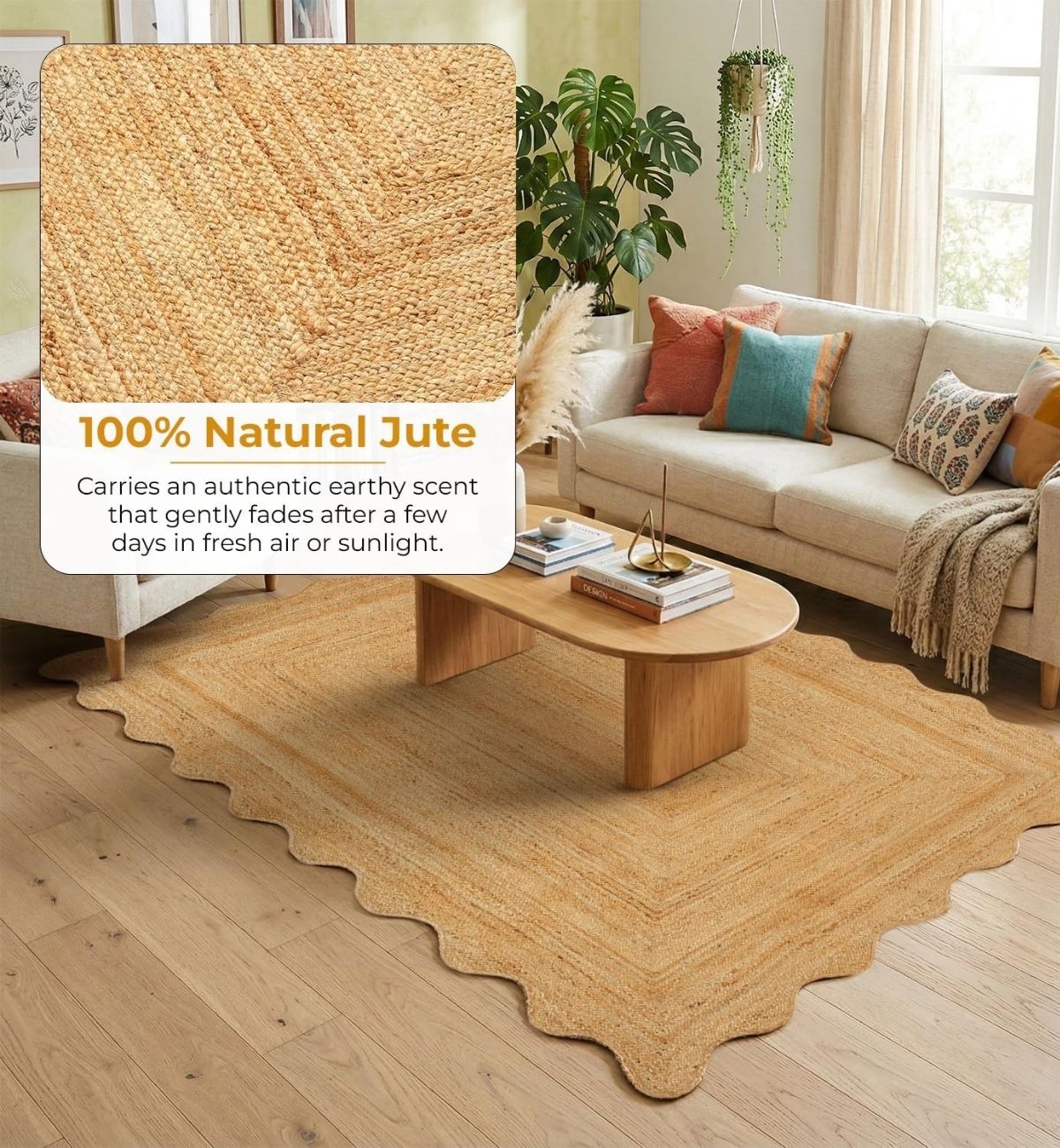 Premium Jute Scalloped Border Rug Natural Beige 1