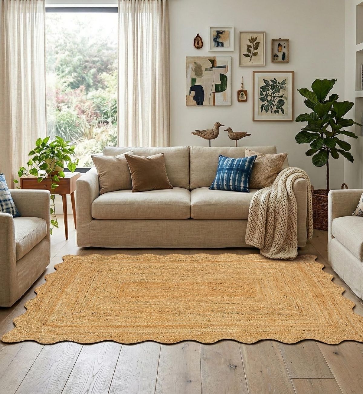Premium Jute Scalloped Border Rug Natural Beige 1