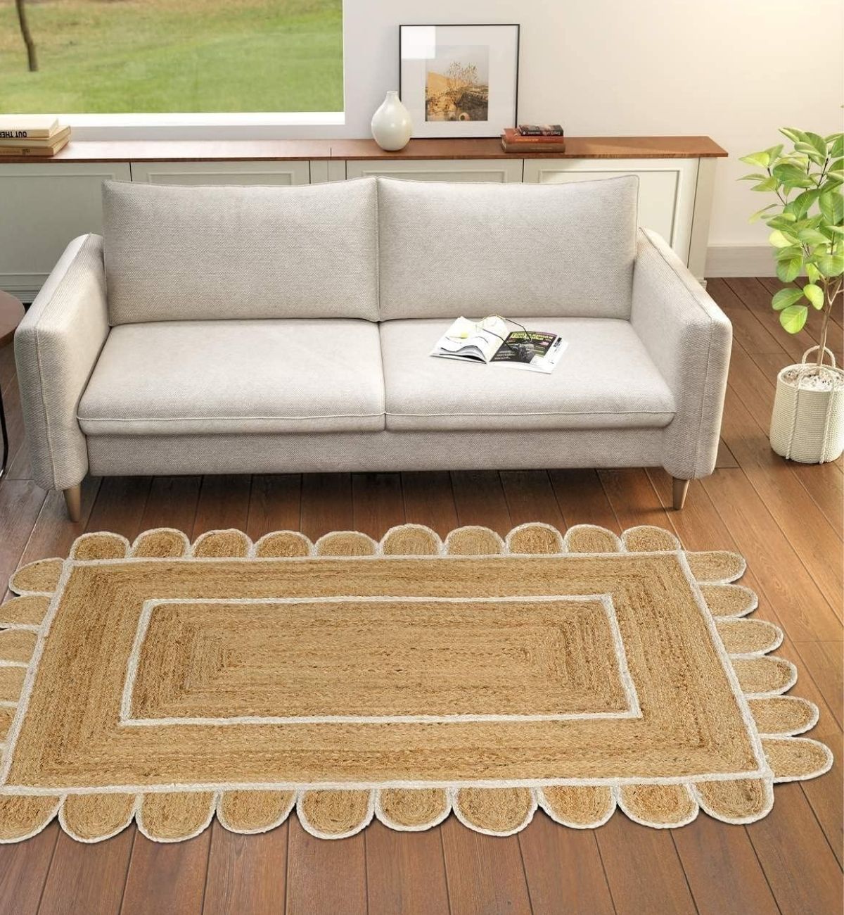 Premium Jute Scalloped Border Rug Natural Beige 4