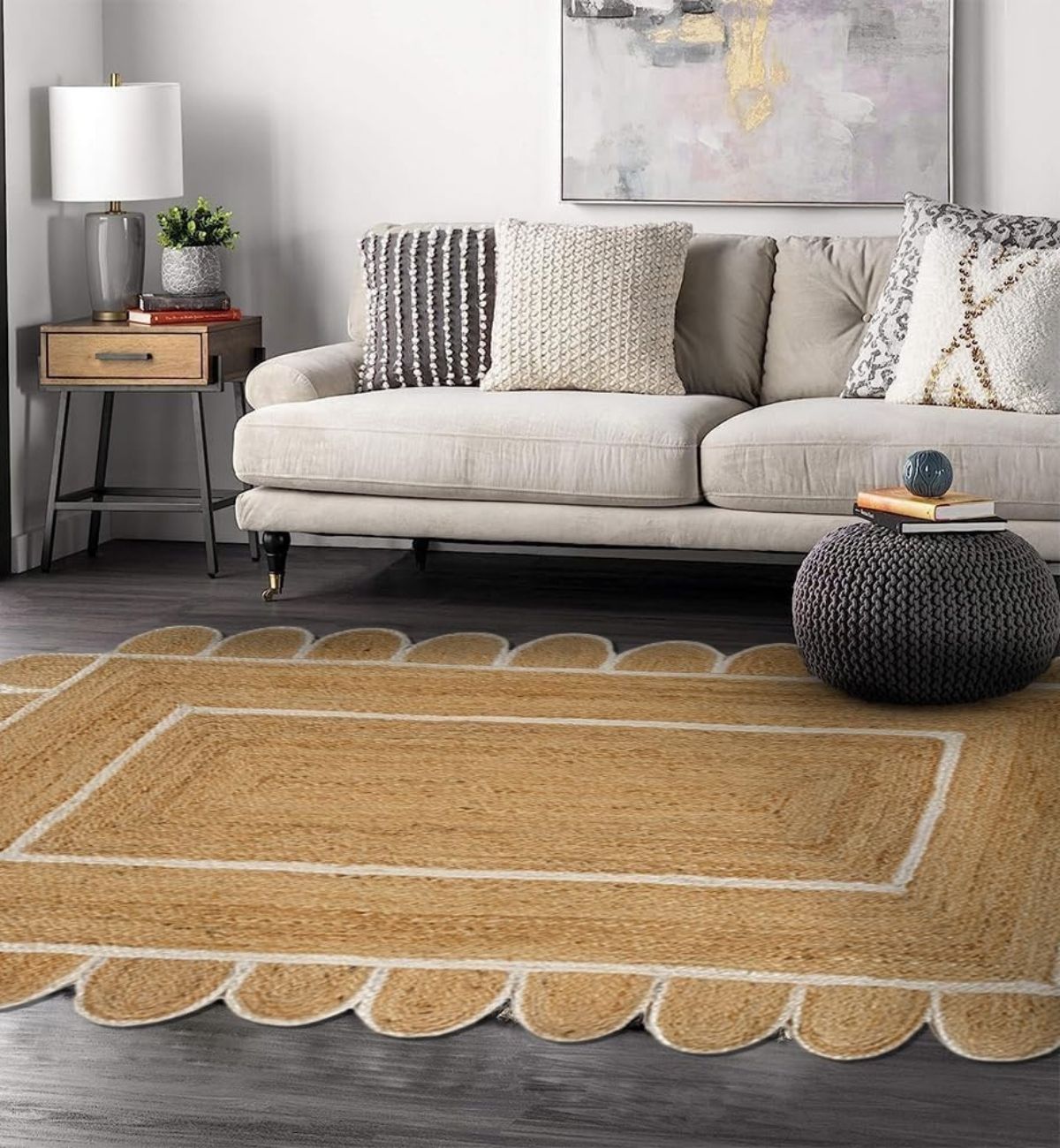 Premium Jute Scalloped Border Rug Natural Beige 4