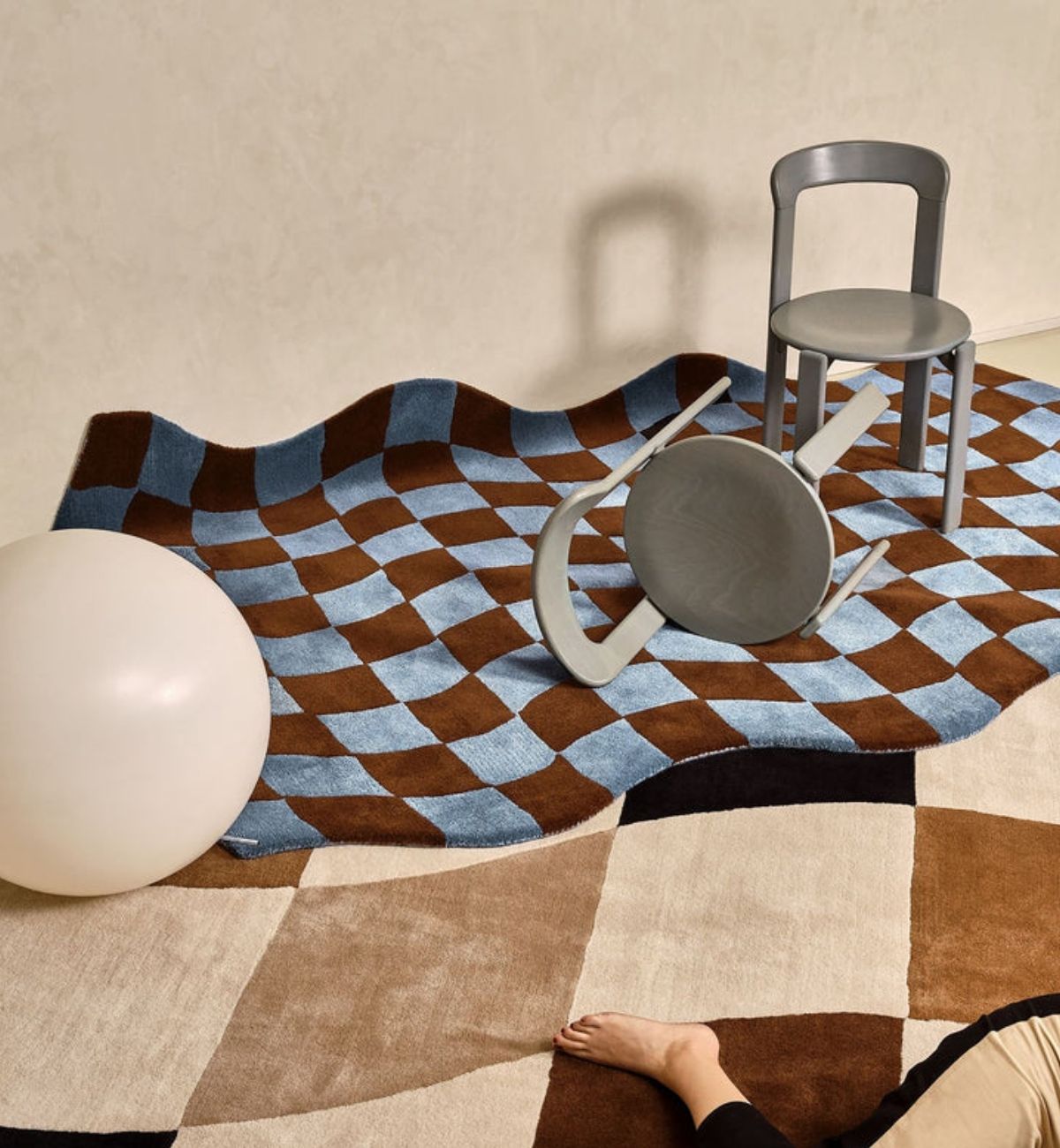 Handtufted Rugs Wavy Checkerboard Design Blue & Brown ATUFT-SKU-6