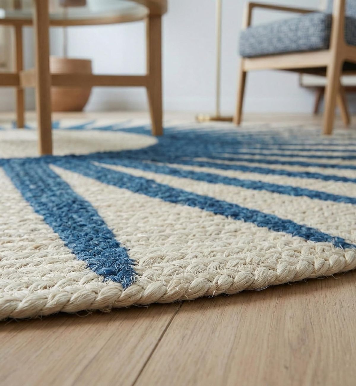 Premium Jute Sunburst Round Rug Navy Blue & Cream 7