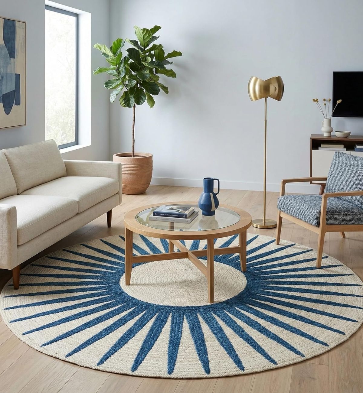 Premium Jute Sunburst Round Rug Navy Blue & Cream 7