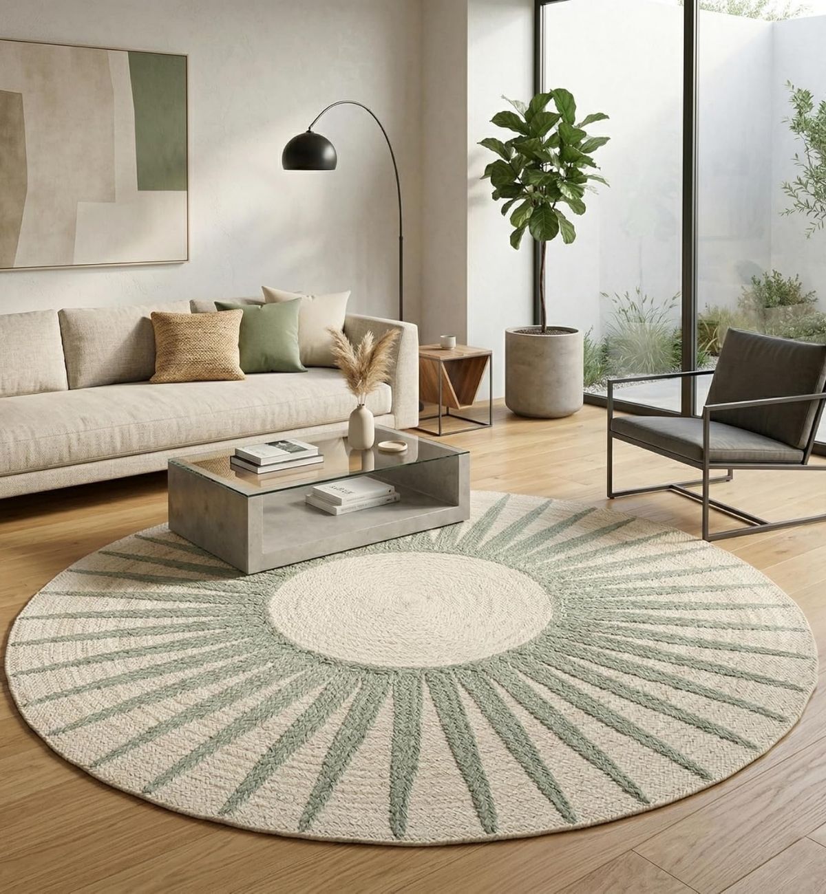 Premium Jute Sunburst Round Rug Sage Green & Ivory 8