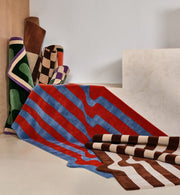 Hand Tufted Rugs Wavy Checkerboard Design Blue & Brown ATUFT-SKU-8