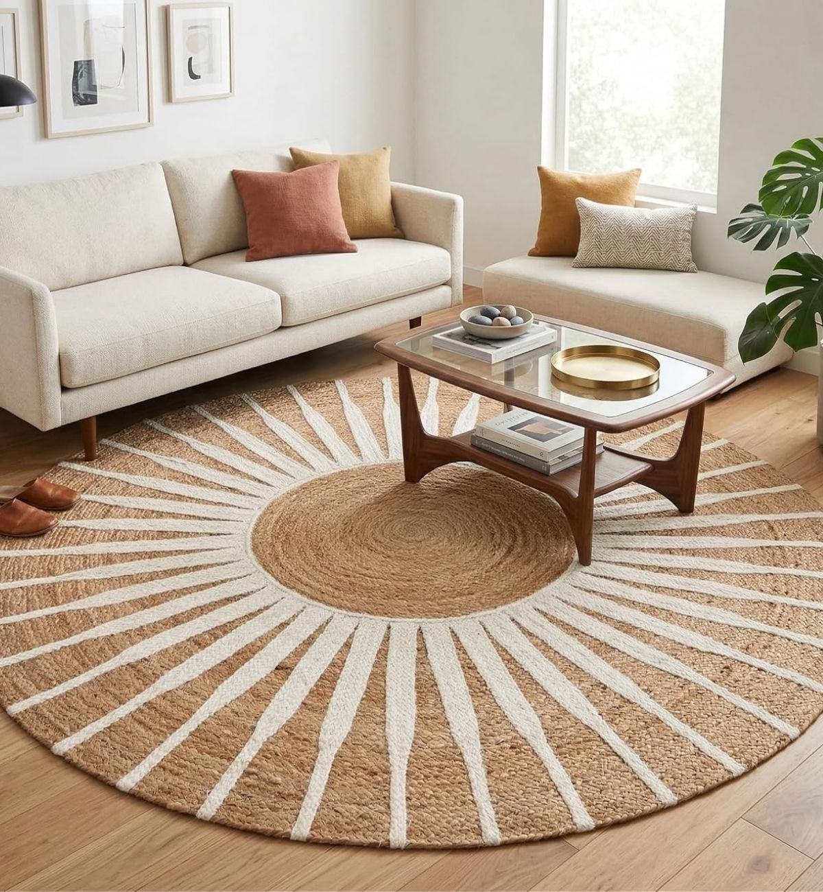 Premium Jute Sunburst Round Rug Natural Beige & Ivory 9