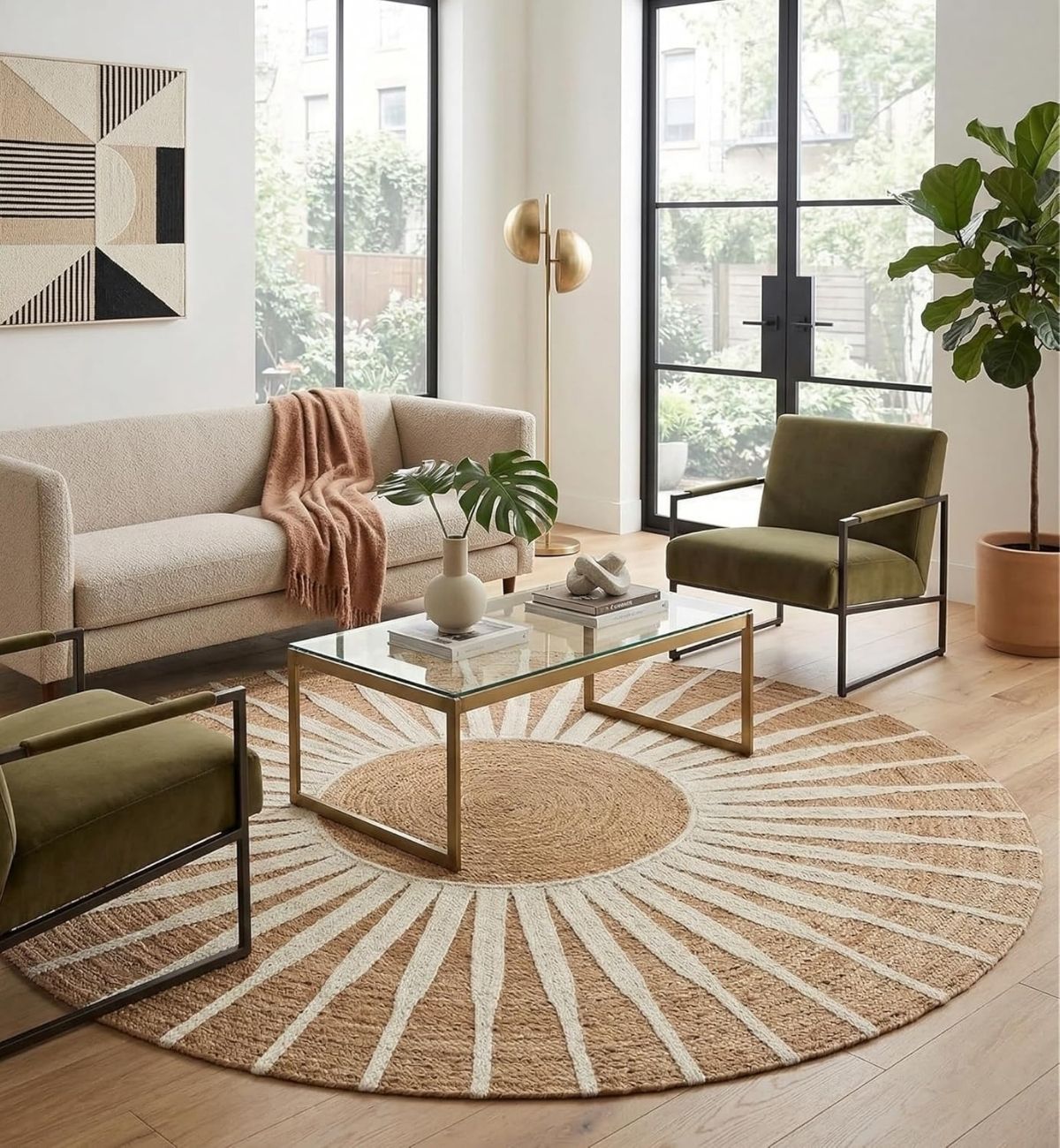 Premium Jute Sunburst Round Rug Natural Beige & Ivory 9