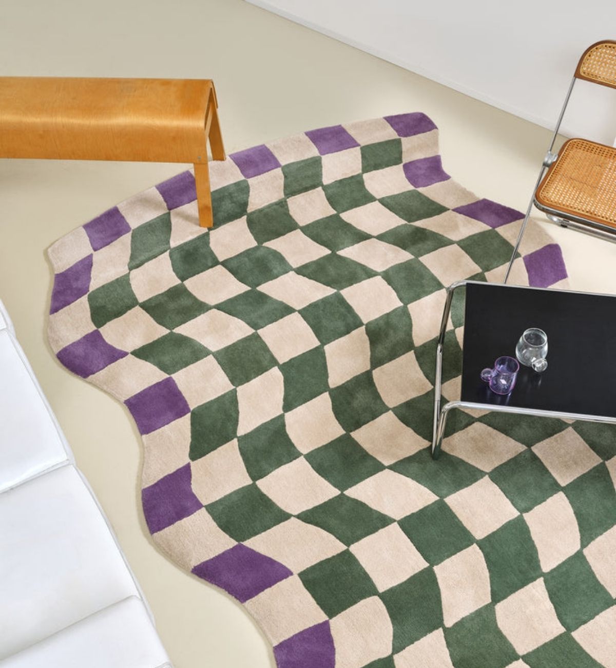 Hand Tufted Rugs Wavy Checkerboard Design Blue & Brown ATUFT-SKU-9