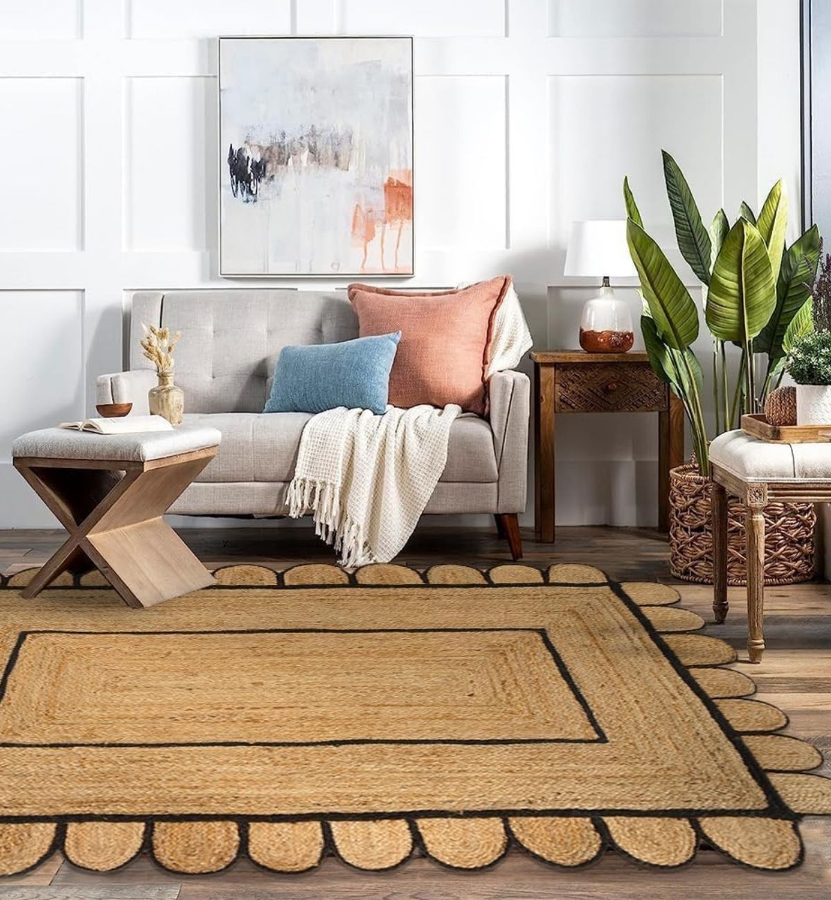 Premium Jute Scalloped Border Rug Natural Beige 2